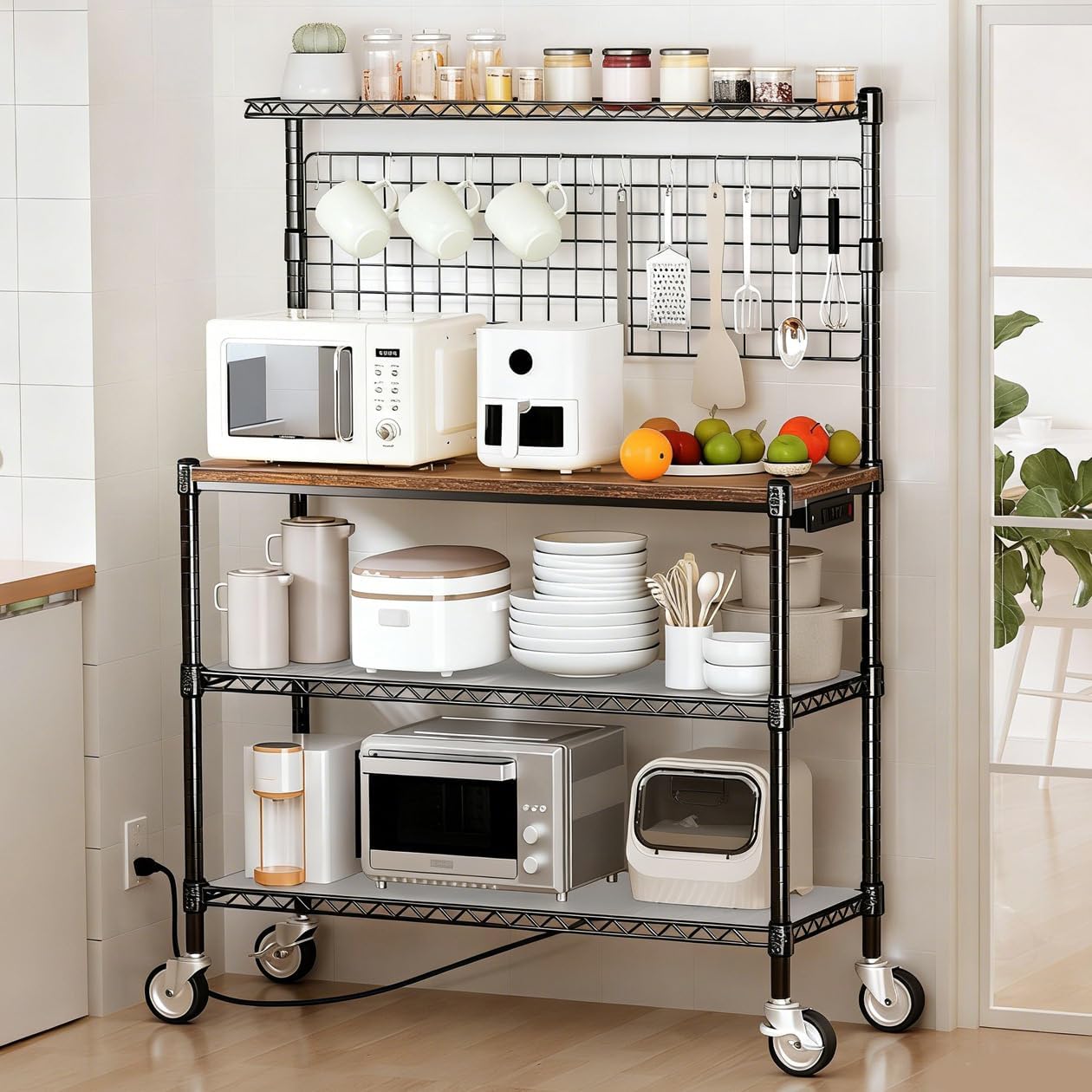 Leteuke Bakers Rack with Power Outlet & Storage, 36 Inch Microwave Stand Kitchen Cart, 4-Tier Metal Kitchen Shelves Cart with Wheels & 20 S-Hooks for Kitchen, NSF Certified, 63 x 18 x 36 Inch-Black