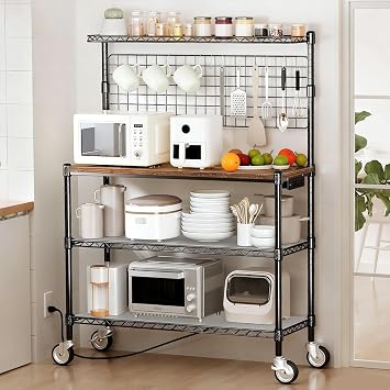 Bakers Rack with Power Outlet & Storage,36In Microwave Stand Kitchen Cart