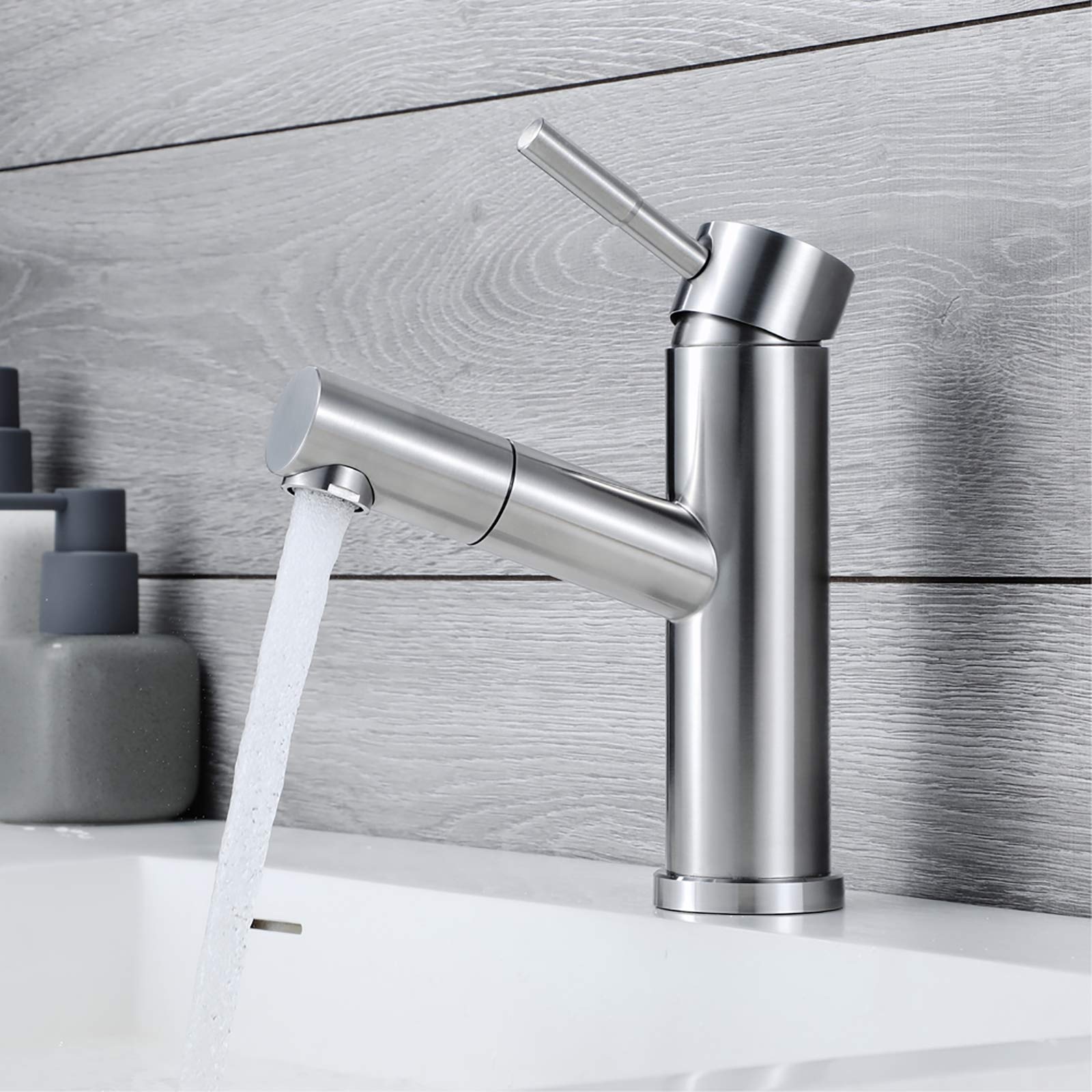 Grifo de Lavabo Monomando, Grifo de Baño con Ducha Extraíble Mezclador para Lavabo de 304 Acero Inoxidable Grifo de Lavabo para Baño con Agua Fría y Caliente para Baño,Brushed