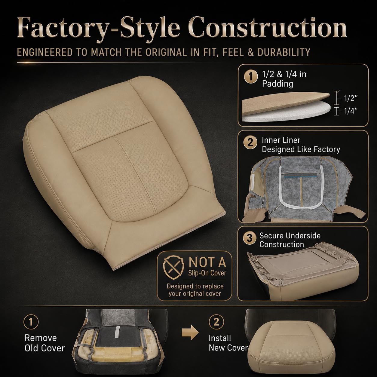 Priprilod Tan Perforated Leather Driver Side Bottom Replacement Seat Cover Compatible with Ford F250 F350 F450 F550 Lariat 2011 2012 2013 2014 2015 2016