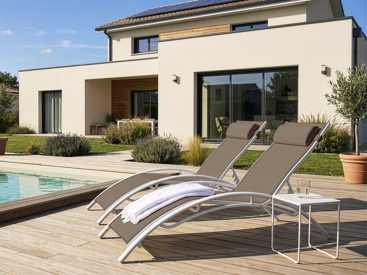 Habitat et Jardin - Lot de 2 Bains de Soleil en Aluminium et Textilène Beauty - Transats Multi Positions - Chaises de Jardin, Piscine et Balcon Empilable - Dossier Inclinable - Taupe