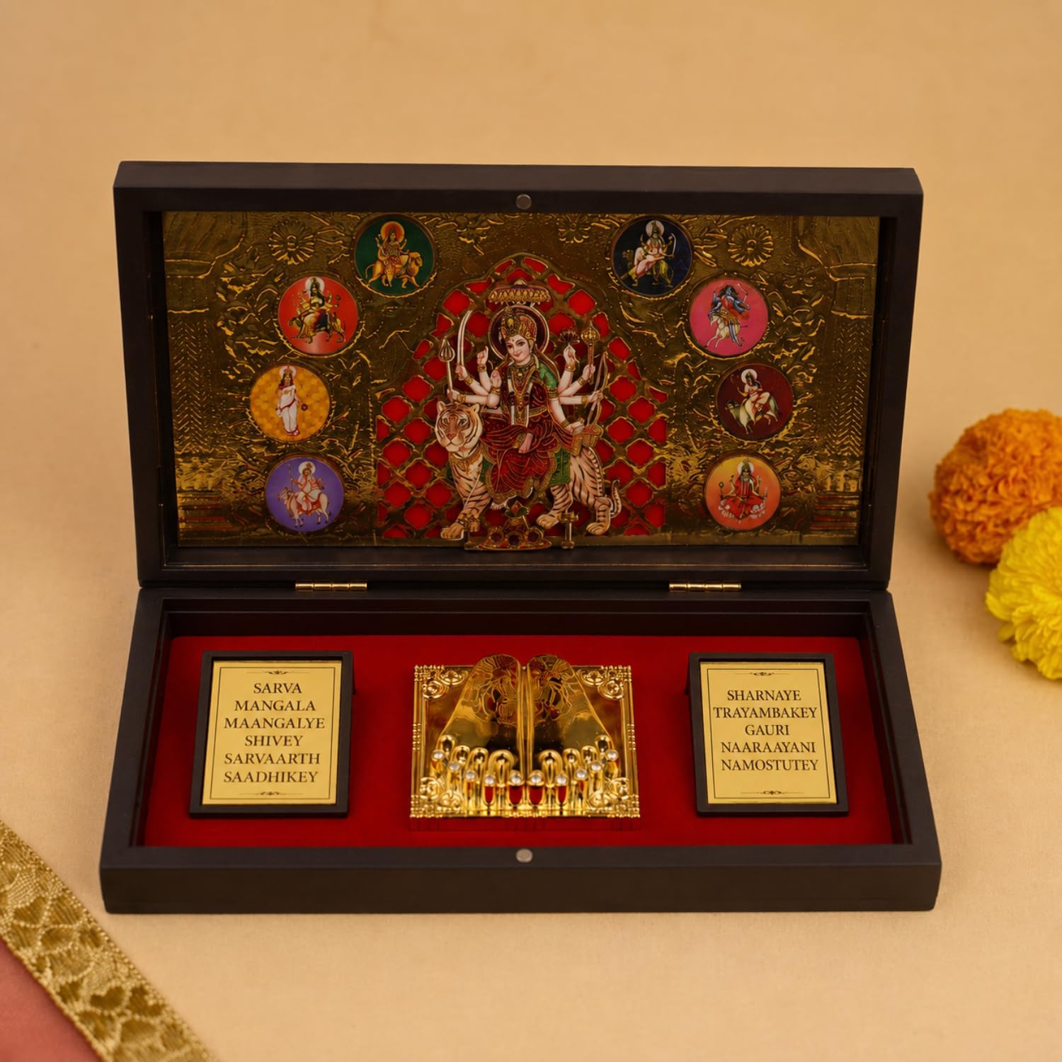 Servdharm Maa Durga Pocket Temple with Charan Paduka and Sacred Mantra | Sherawali MATA Pooja Box - Brown 8.3"x4.5" for Wedding, Housewarming Gift and Home Temple