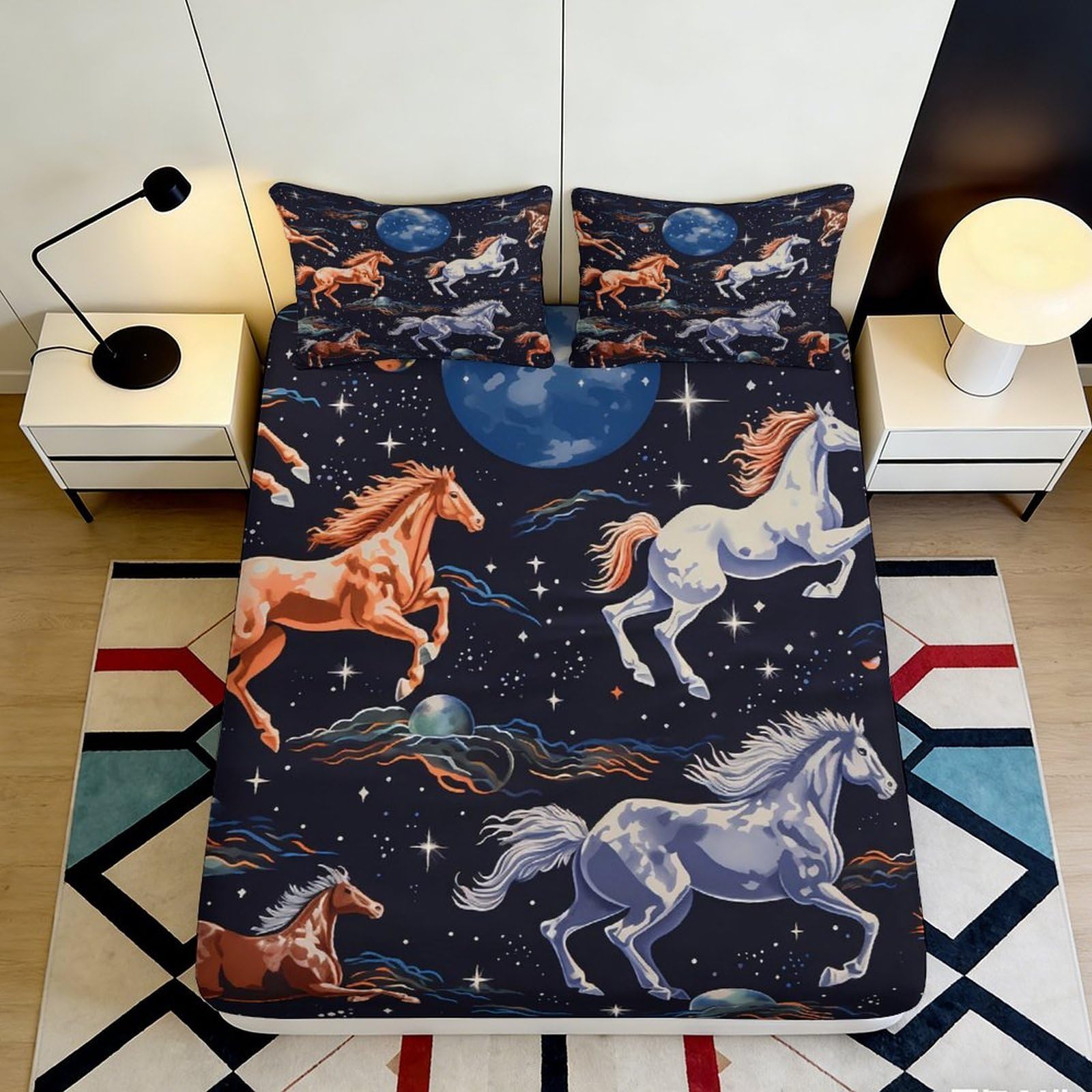 3D Printed Galloping Horses Fitted Sheet Microfiber Durable Soft Celestial Moon Bed Sheet for Bedroom Dormitory Guest Room Mattress Cover 180x200x25cm