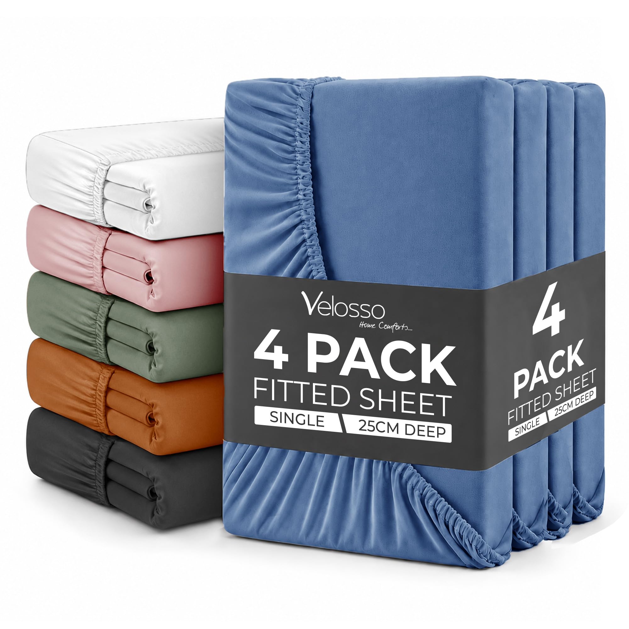 Plain Dye Fitted Sheet 25cms Pocket Soft Brushed Microfibre Fabric Mattress Bottom Bed Sheets (French Blue, Single 4 Pack)