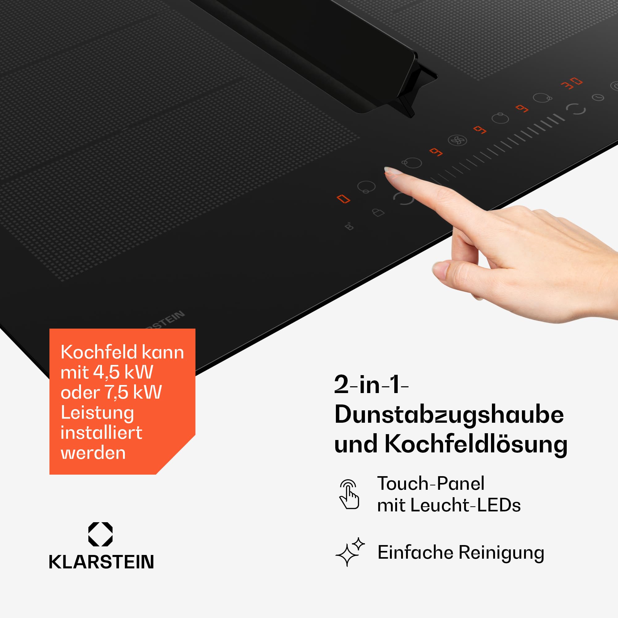 Klarstein Chef-Fusion Induktionskochfeld Mit Dunstabzug - 60 cm, 600 m³/h, 6400 W, Flexzone, Energieeffizienz A, Touch-Bedienung, Platzsparend, Schwarz, Induktionskochplatte
