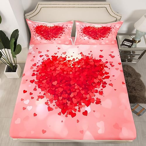 Miniatura 2 de Manfei Juego de sábanas de corazón tamaño Queen, juego de sábanas de 4 piezas con estampado de corazones rojos con sábana bajera de bolsillo