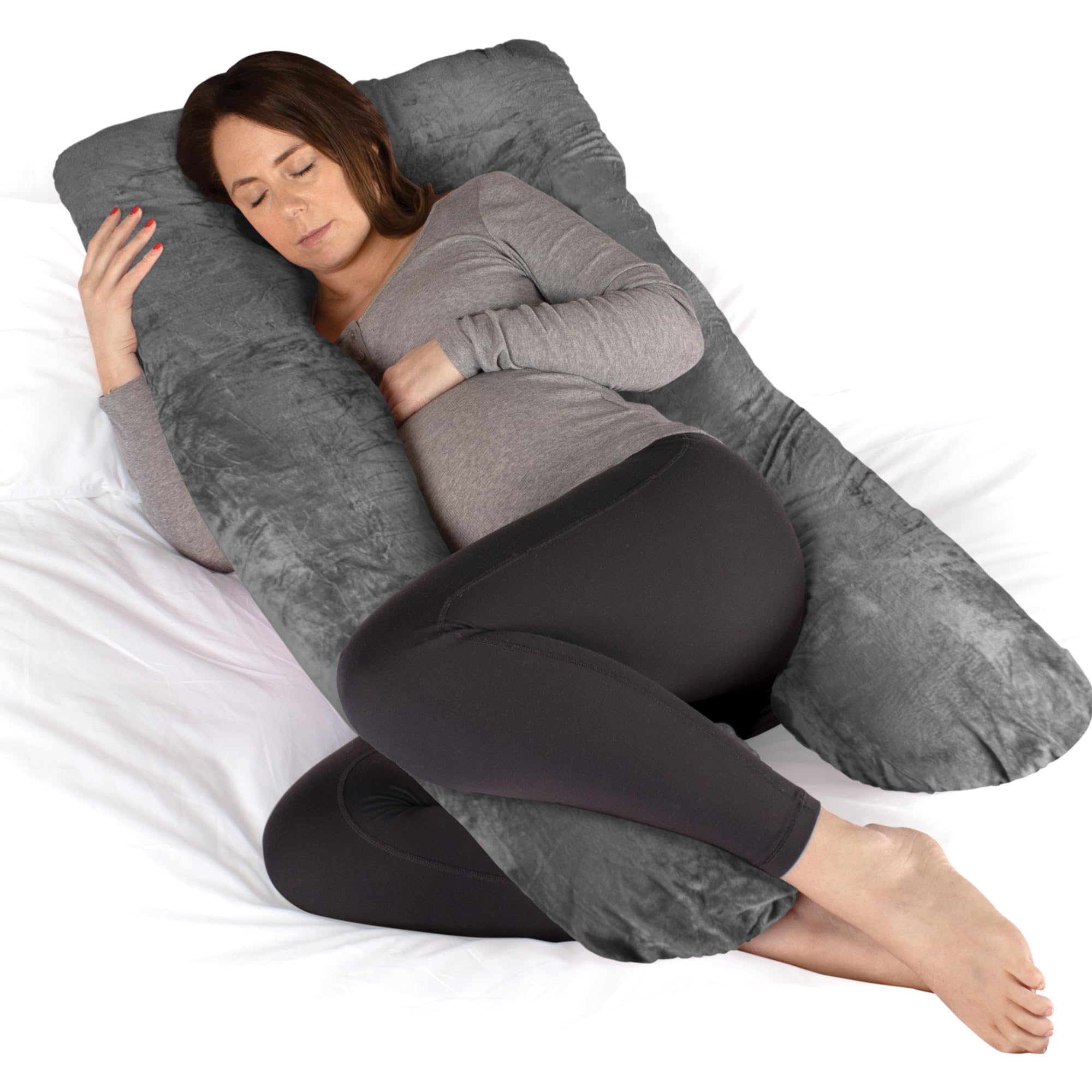 Dreamcatcher Dark Grey Pregnancy Pillow, U Shaped Shredded Memory Foam Maternity Pillow, Full Body Support Pregnancy Pillows for Sleeping, Machine Washable & Removable Velvet Cover