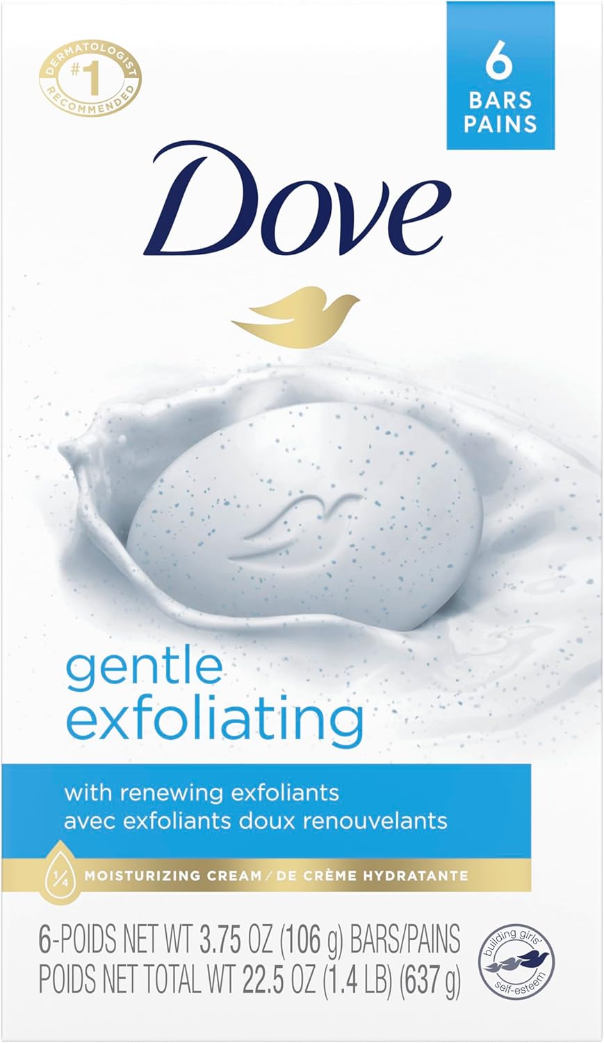 Dove Gentle Exfoliating Beauty Bar with Renewing Exfoliants, 106g, 6 Bars | 1/4 moisturizing cream, exfoliating beads, gentle daily beauty bar for face body and hands, softer smoother skin, 6 bars