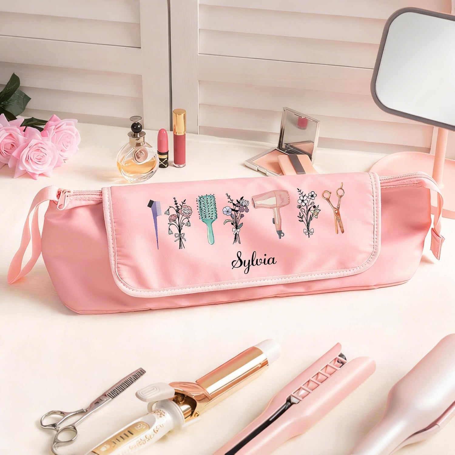 callie Personalized Hair Tools Bag with Heat Resistant Mat for Flat Iron, Custom Birth Flower with Name on Tools Portable Travel Bag Cosmetic Bags, Mat Travel Gifts Birthday Christmas Gift for Women