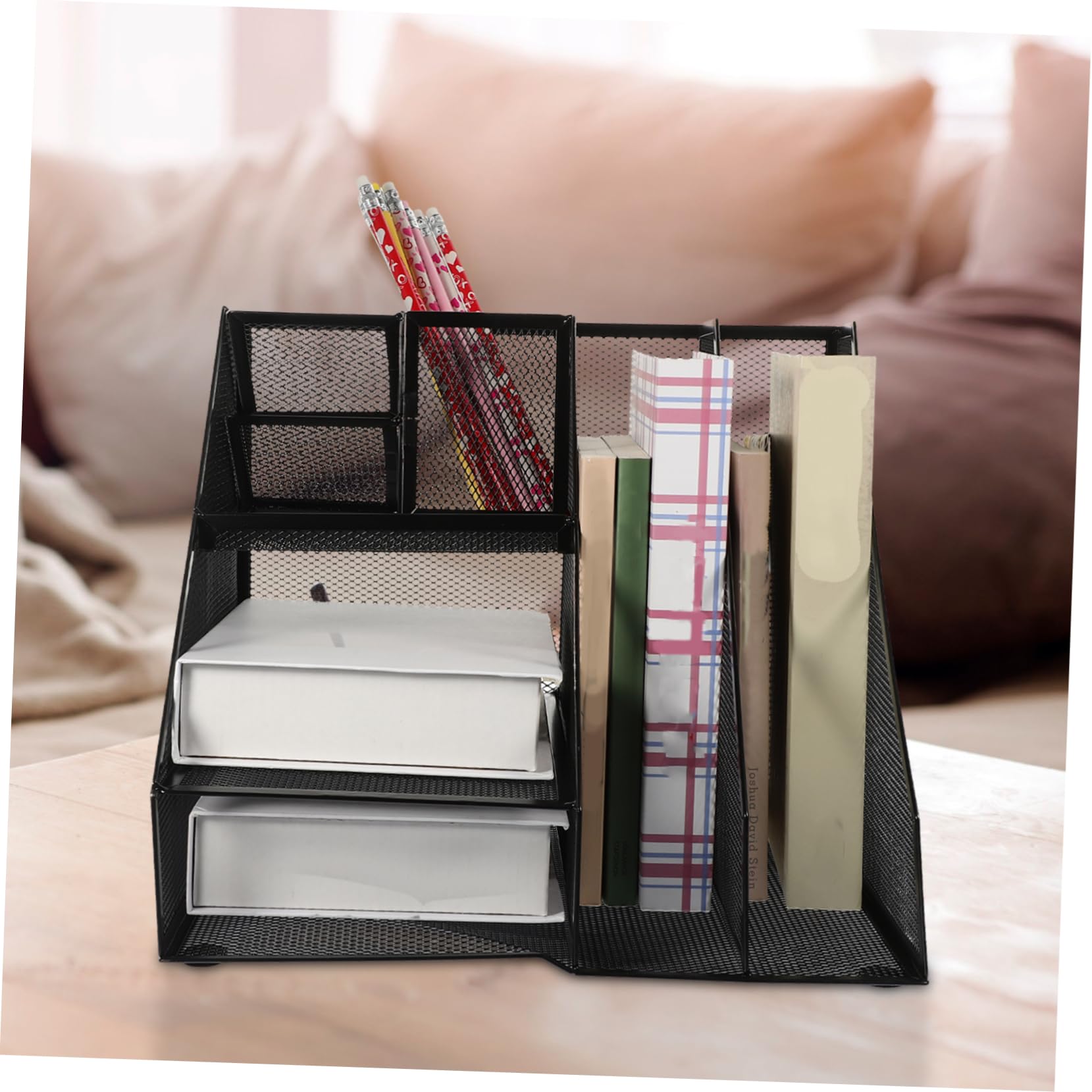 Yardenfun Schwarzer Aktenorganizer aus Eisen mit 2 Fächern und 3 Ebenen Großer Stauraum Multifunktionales Design mit Links Angebrachtem Stiftehalter für Büro