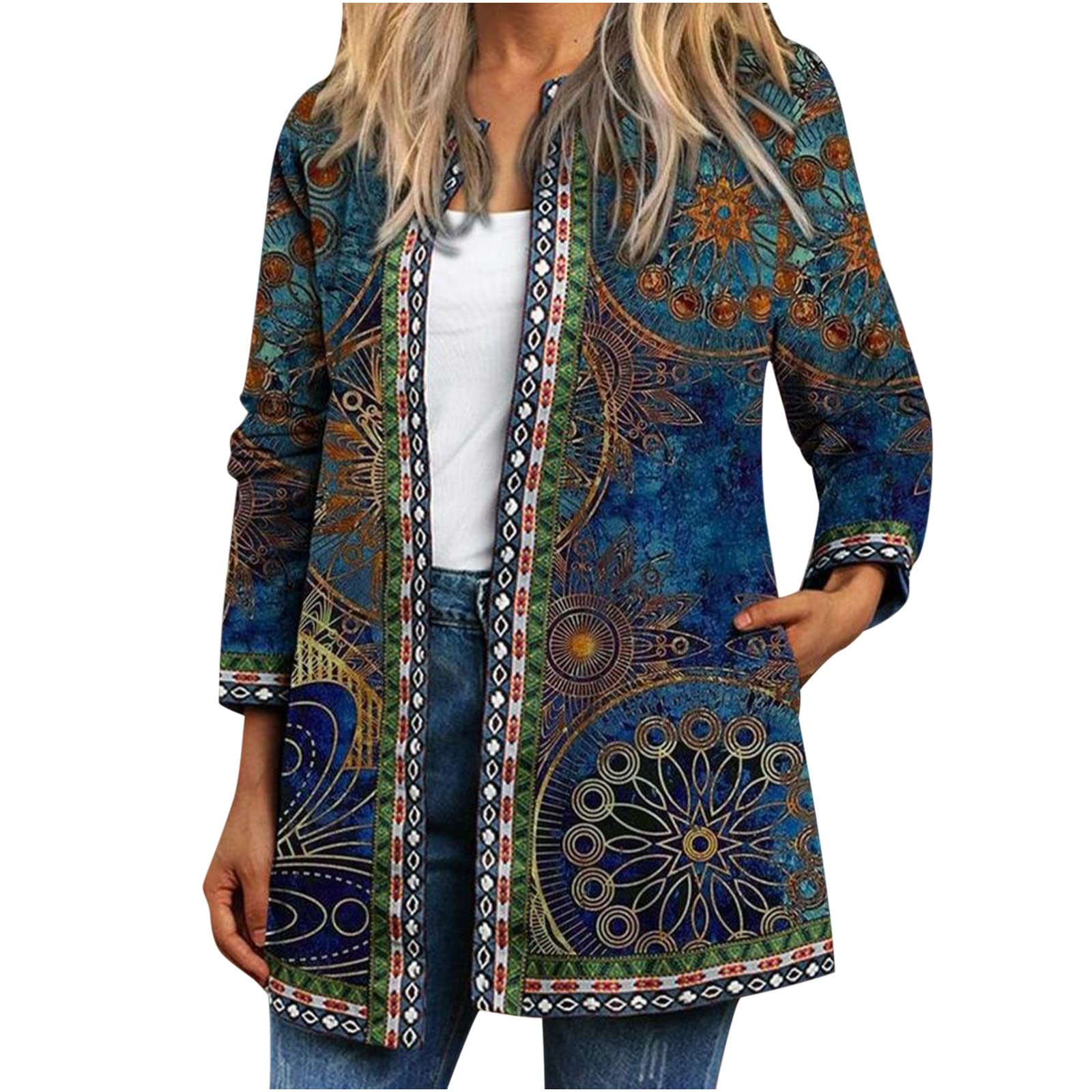 AMhomelyCardigan for Women - Women's Jacket Cardigan Coat Round Neck Vintage Printed Pocket Ethnic Jacket Loose Long Sleeve Baggy Outwear Ladies Vintage Blouse Top for Women Festival Clothes