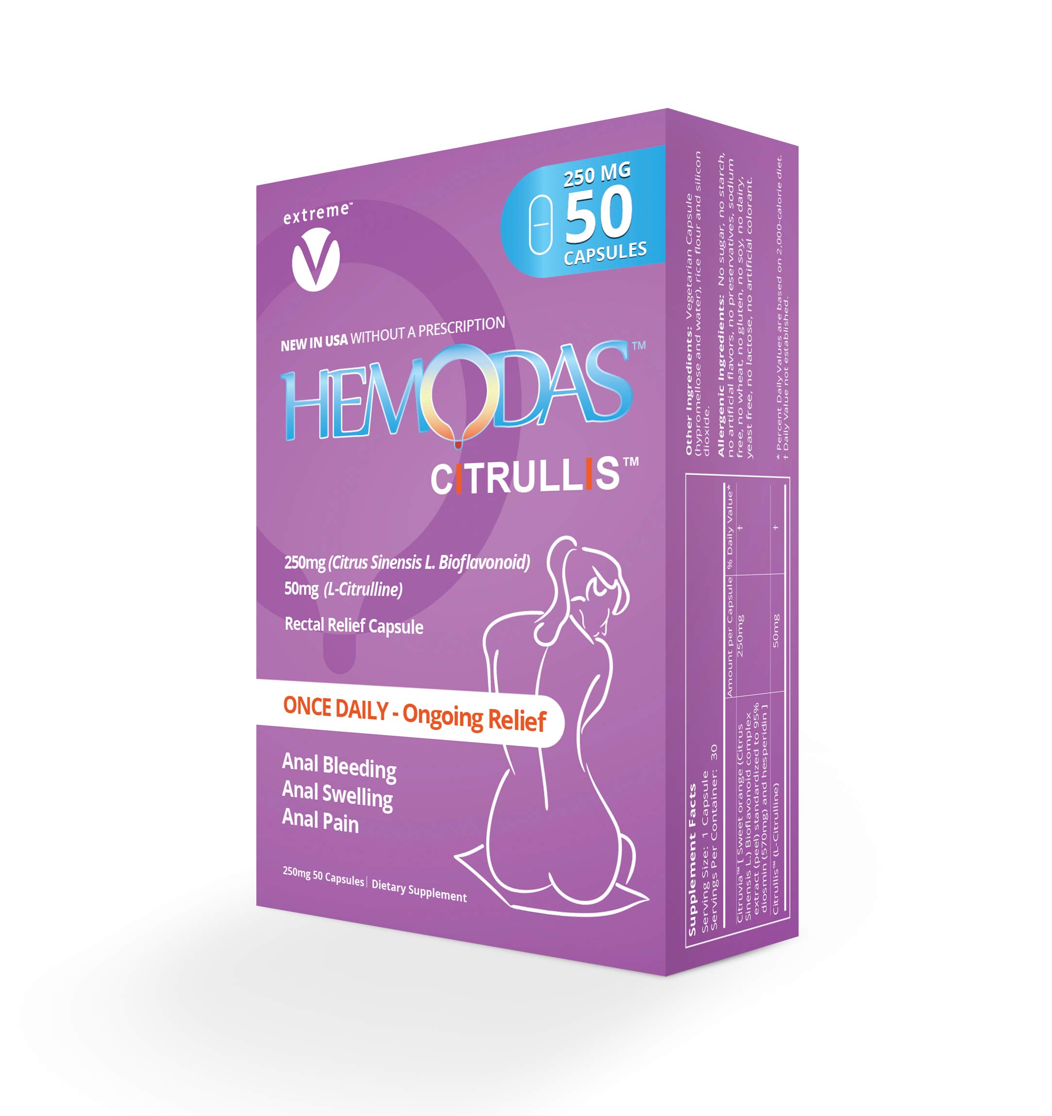 Hemodas - Once Daily Anal Vein Support 250mg Capsule, 50 Count