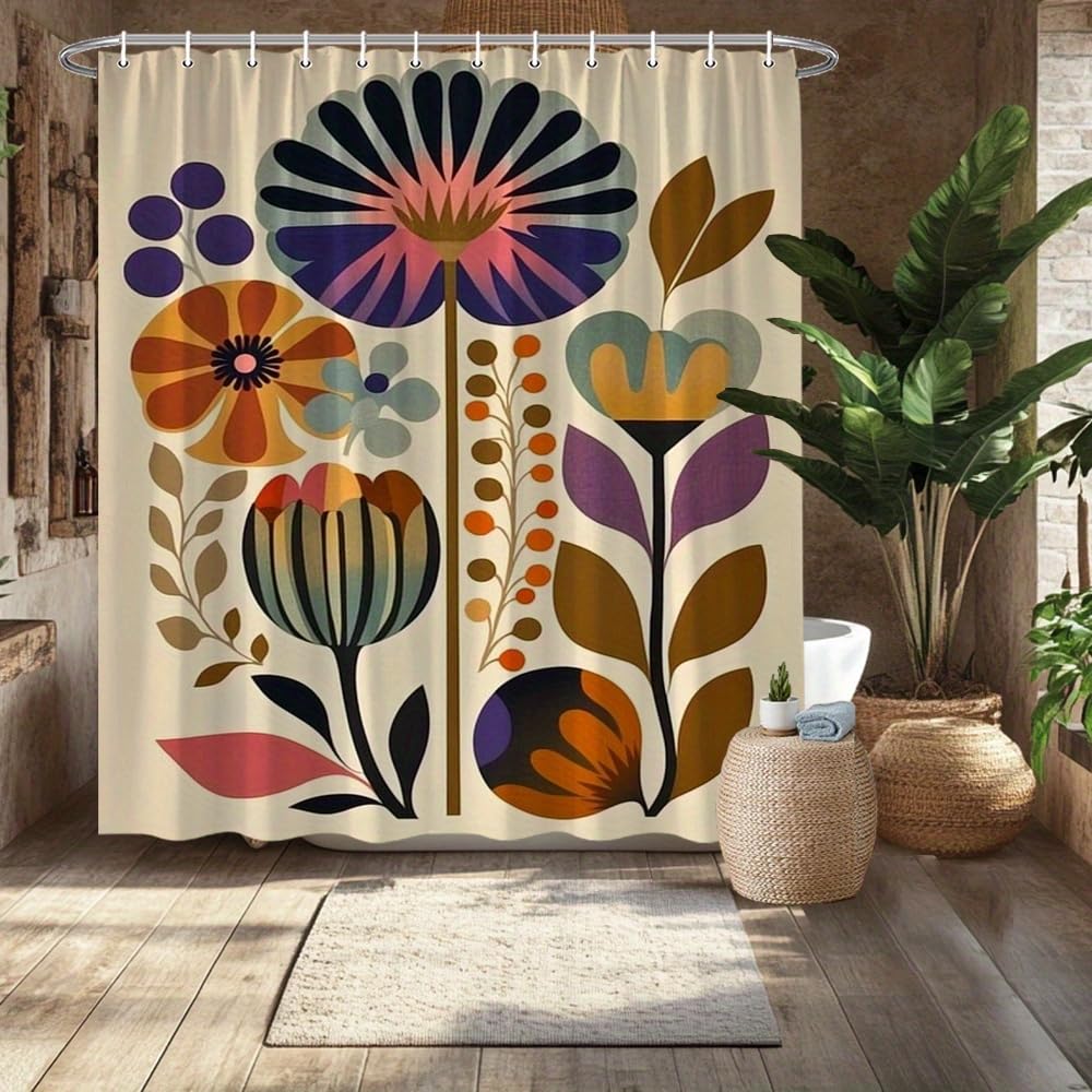 GLKSDLPO Mid-century Modern Shower Curtain – Abstract Floral Art with Bold Colors, Retro Botanical Design Wet Room Shower Curtains(182x198cm/72x78in(WxH)