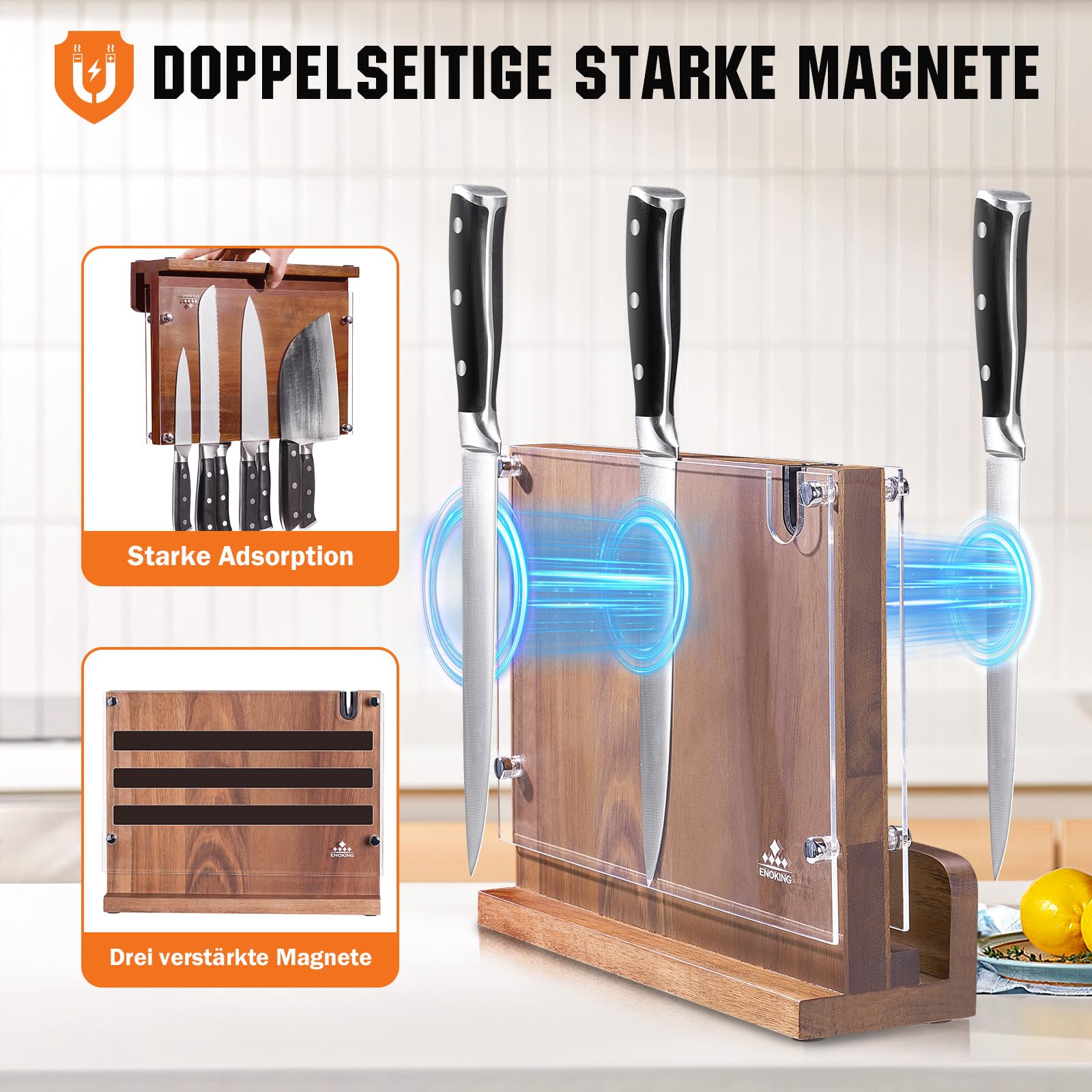 ENOKING Spitzenklasse Plus Messerblock Magnetisch Ohne Messer, Doppelseitiger Magnetischer Messerblock mit Acryl-Schutz, Hochwertiges Magnet Messerhalter, Akazienholz-Messerbrett mit Messerschärfer