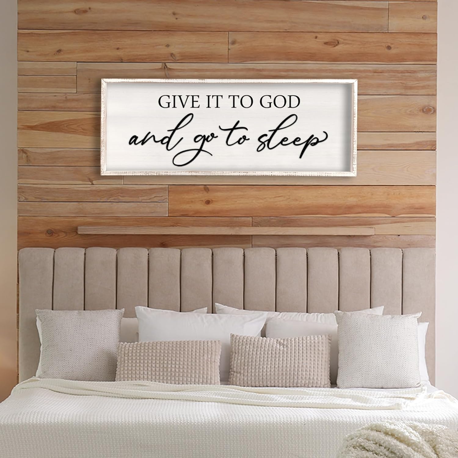 RLWangChao 3D Give it to God and Go to Sleep Sign Wall Decor Wood Frame 40" X 15" Master Bedroom Above Bed Large Rustic Farmhouse Hanging Over Bed Wall Art Guest Room Decoration (White) 40''×15'' White