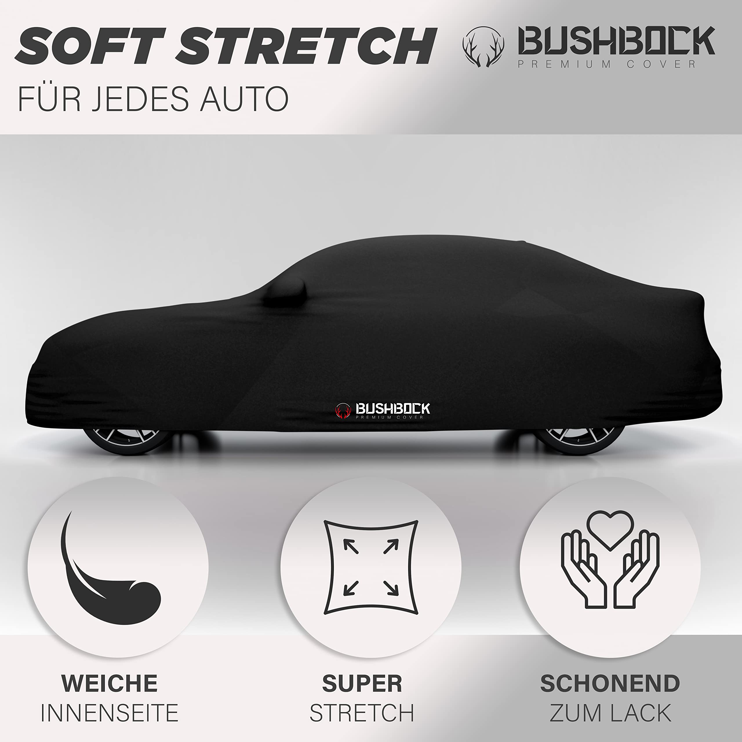 BUSHBOCK® Premium Autoabdeckung Indoor - Satin Schutzhülle Stoff - Abdeckplane Autoplane Autogarage Innenbereich - 2 Farben, 4 Größen (Schwarz, M)