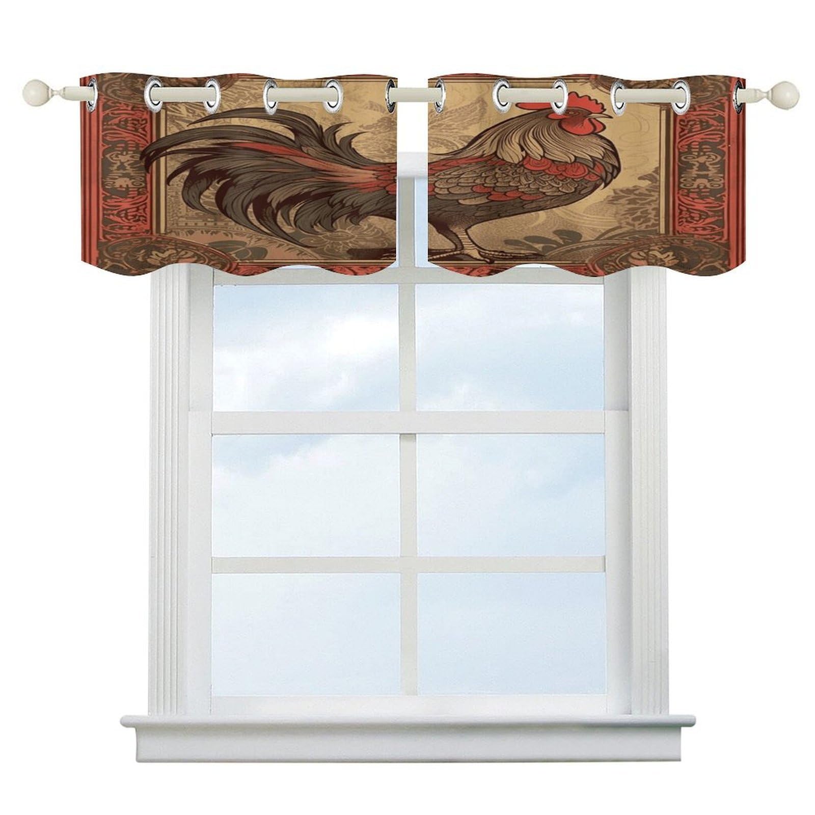 Fekiloot Style Old Rooster Illustration Short Curtains Valance Curtain