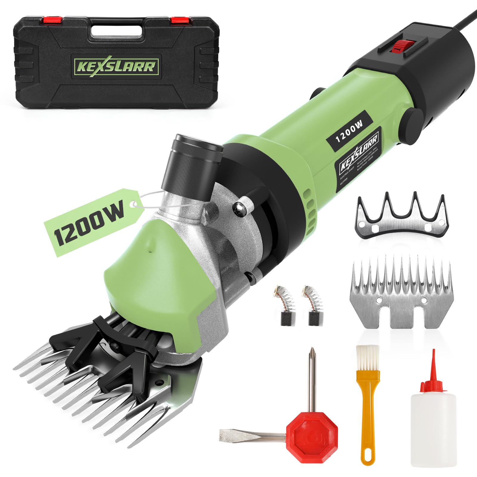KEXSLARR 1200W Esquiladora Ovejas Profesional, Maquina Esquilar Ovejas 6 Velocidades 3200 RPM, Incluye Manual Español y Kit Completo con Maletín, Cortapelos Eléctrico para Cabras Alpacas (verde) - 2