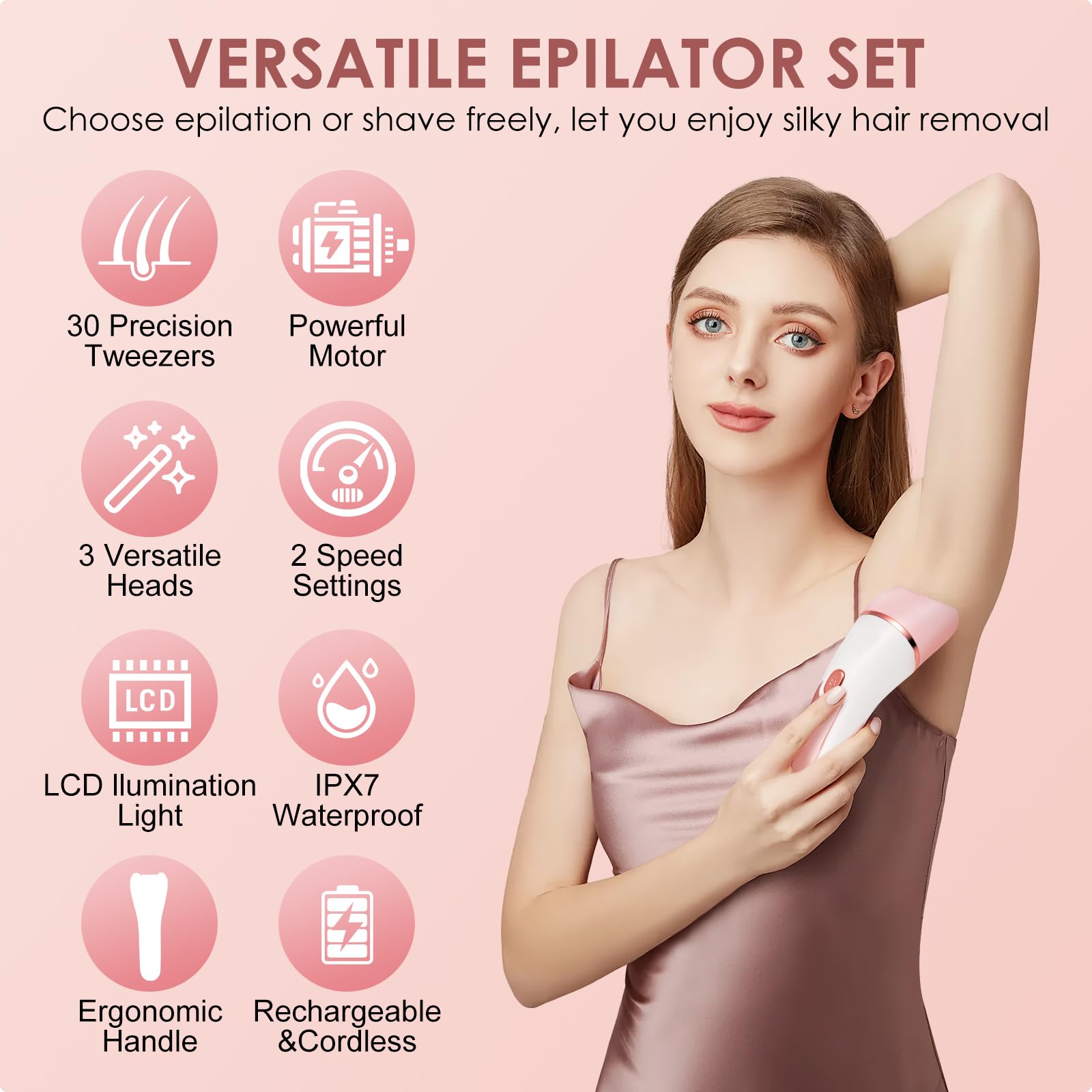Epilatore Elettrico 6 in 1 Donna Viso Senza Fili - Display LED Ricaricabile Wet and Dry Con Spazzola Esfoliante, Pulizia e Testa Massaggio (Rosa)