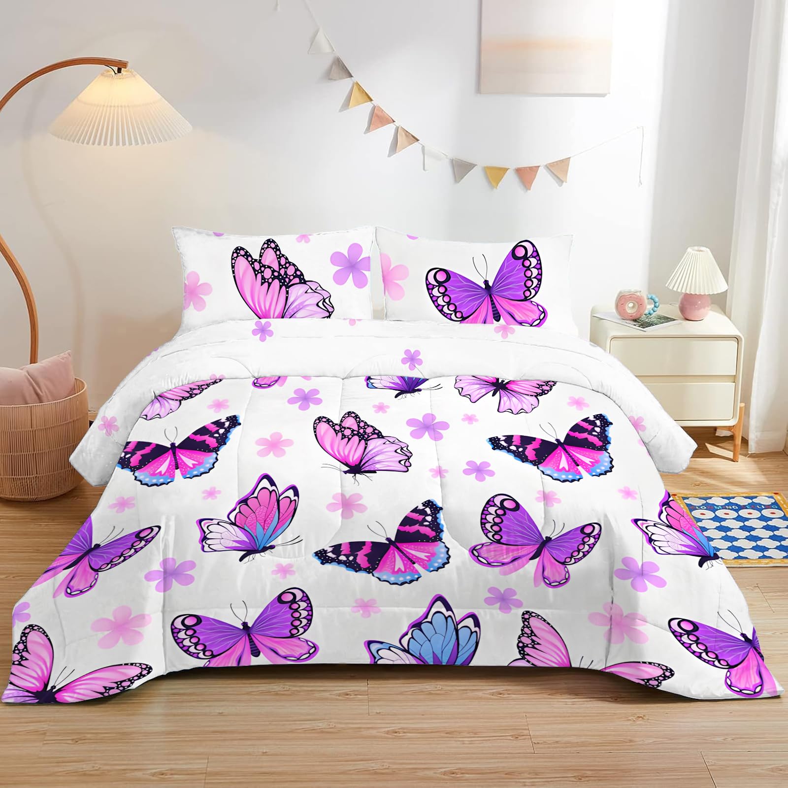 Dyausi Women's Pink/Purple Butterfly King Size Duvet - Coverless Duvet 3Pcs With Cute Floral For Teens Girls - Washable Comforter - King Duvet 220X230cm With Pillowcases