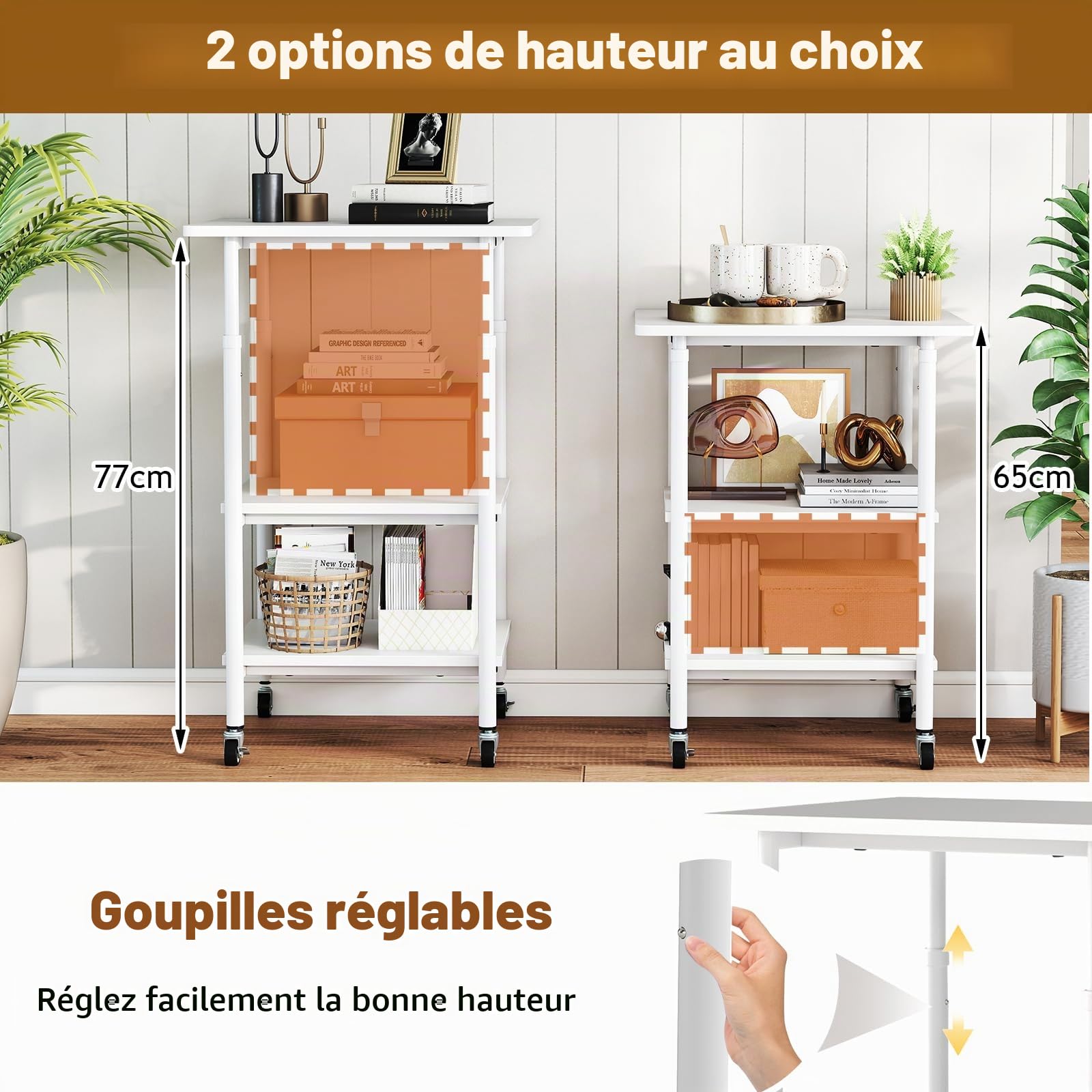 HOMASIS Meuble Imprimante à 3 Niveaux, Hauteur Réglable, Support Imprimante avec Rangement, Table Mobile Industrielle avec Étagère, Roues Verrouillables pour Télécopieur, Machine et Scanner (Blanc)