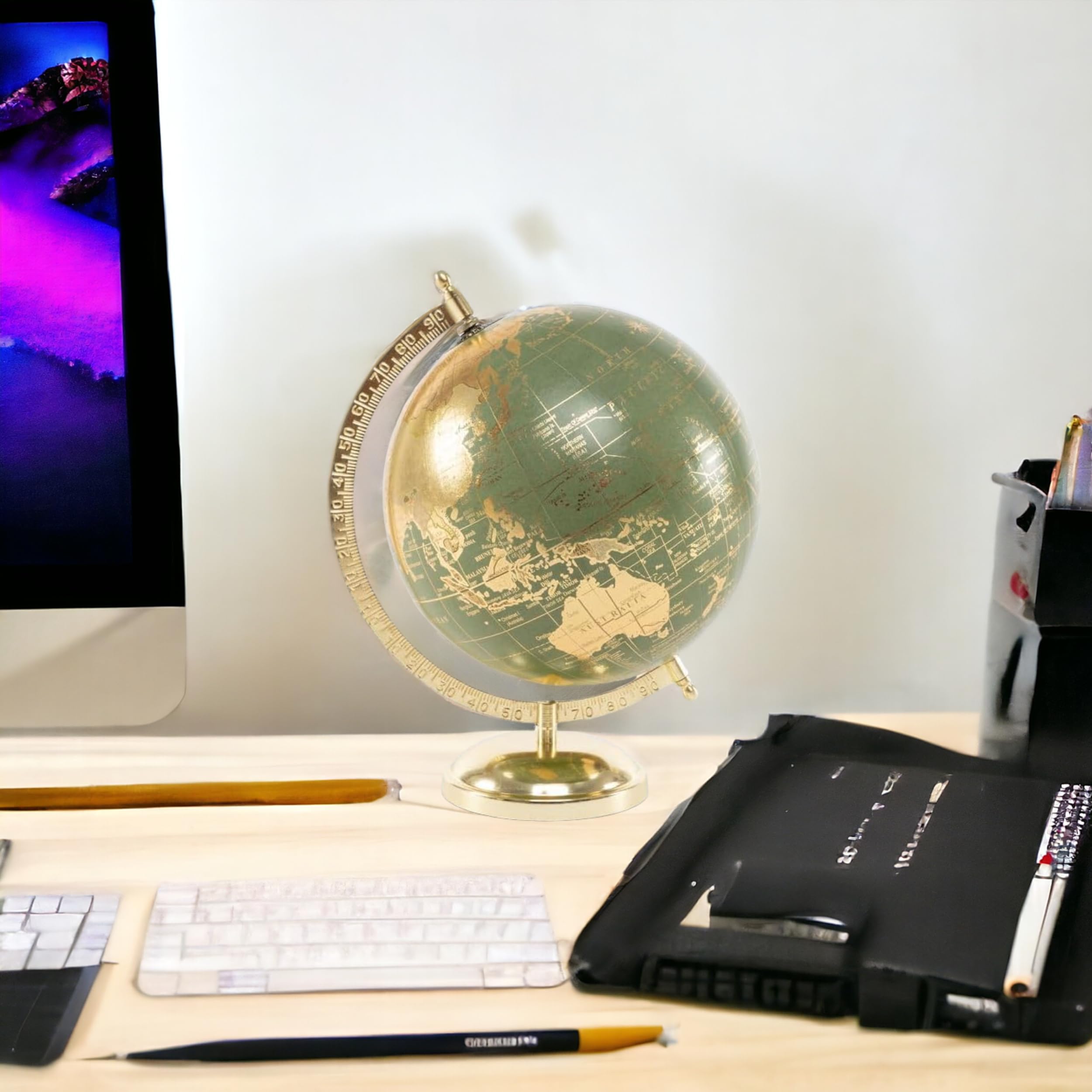 Mappamondo, Mappamondo 20cm con Supporto in Metallo Dorato - Decorazione e Regalo