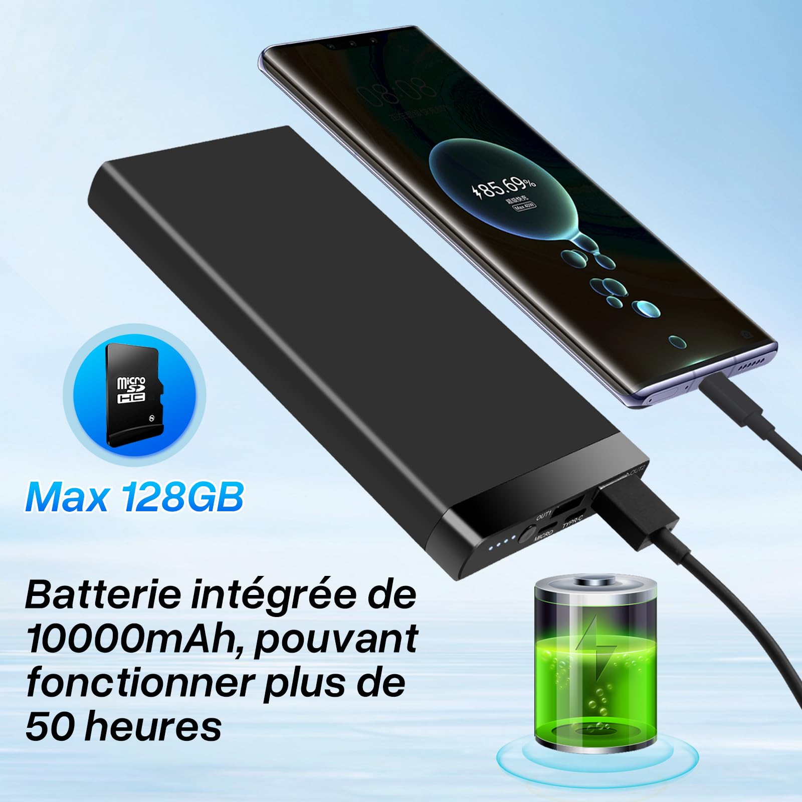 Caméra Espion Discrète HD 1080P, 10000mAh Power Bank Caméra Cachée sans WiFi, Mini Camera Espion Portable, Spy cam avec Audio et Vision Nocturne pour Activités intérieures et extérieures