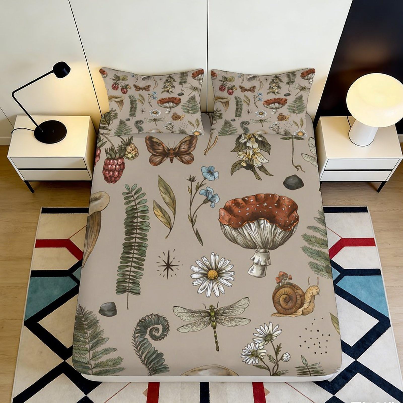 3D Printed Botanical Mushroom Fitted Sheet Microfiber Soft Breathable Nature Inspired Bed Cover for Bedroom Dormitory Guest Room Mattress Protection 160x200x25cm