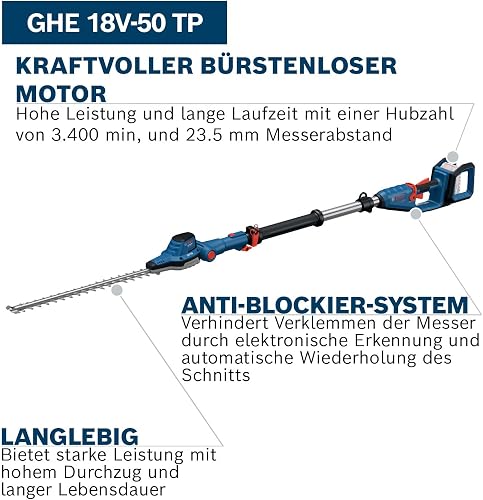 Bosch Professional 18V System Taille-haie télescopique GHE 18V-50 TP (tige télescopique de 2,5 m, 3 400 courses par minute, ouverture des dents de 23,5 mm, sangle, sans batterie) - 3