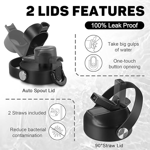 Miniatura 5 de Botella de agua negra de acero inoxidable de 40 onzas, mantiene el frío 24 horas y el calor 12 horas, botella de agua con tapas de popote y