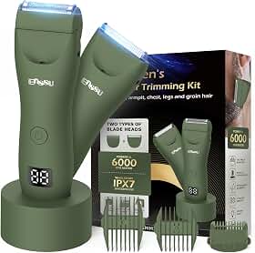ENSSU Aparador de Pelos 2 em 1, Aparador Corporal Masculino e Máquina de Barbear com 2 Cabeças para Aparar e Raspar, Lâmina de Segurança para Corpo Inteiro, Virilha e Áreas Sensíveis, IPX7 à Prova d'Água, Carregamento Rápido em 1 Hora, 60 Min de Autonomia e Base de Carregamento