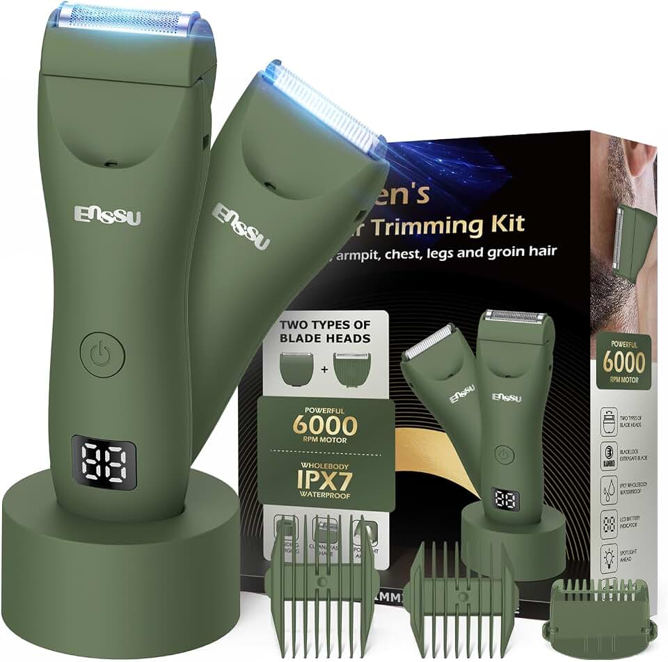 ENSSU Aparador de Pelos 2 em 1, Aparador Corporal Masculino e Máquina de Barbear com 2 Cabeças para Aparar e Raspar, Lâmina de Segurança para Corpo Inteiro, Virilha e Áreas Sensíveis, IPX7 à Prova d'Água, Carregamento Rápido em 1 Hora, 60 Min de Autonomia e Base de Carregamento