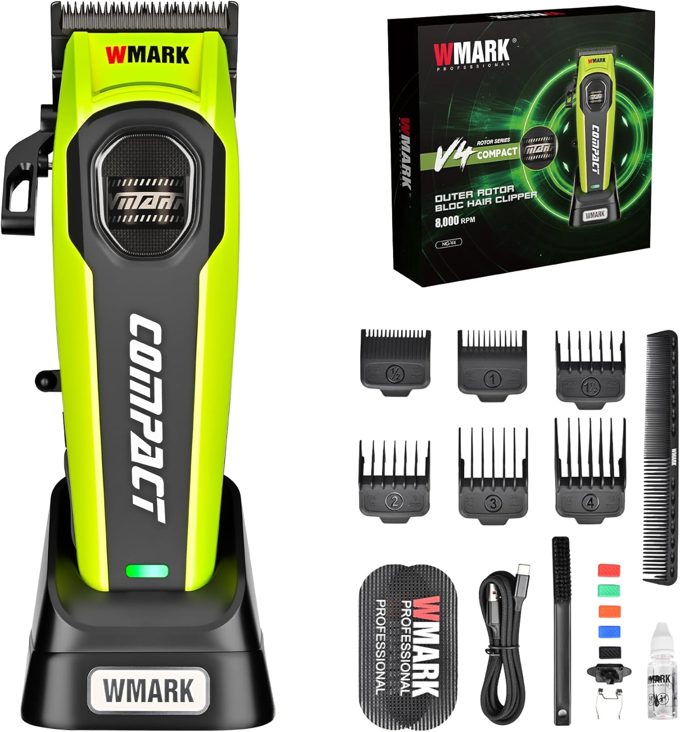 WMARK Professional Compact Outer Rotor BLDC Hair Clipper – 2-Speed 7200/8000RPM, Speed Memory, LED Light, Anti-Slip, Barbershop Grade, NG-V4 (Green)