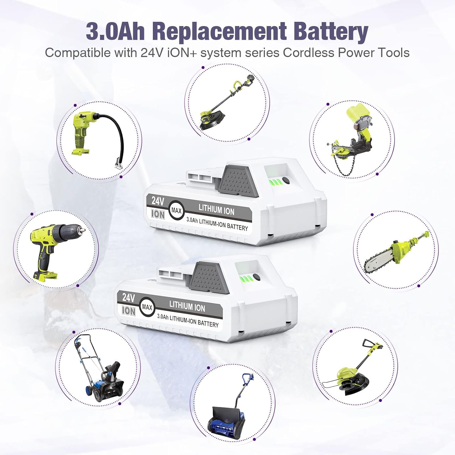 LORDONE 2 Packs 24V 3.0Ah Replacement Battery for Snow Joe+Sun Joe 24V Lithium-iON Battery Series 24BAT-LTX/LTW/LTE/LT/XR EcoSharp Pro - Image 4