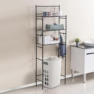 3-Shelf Wire Freestanding Shelving Unit Over The Toilet Storage Organizer Rack Bathroom Space Saver, Includes 4-Hooks, Black