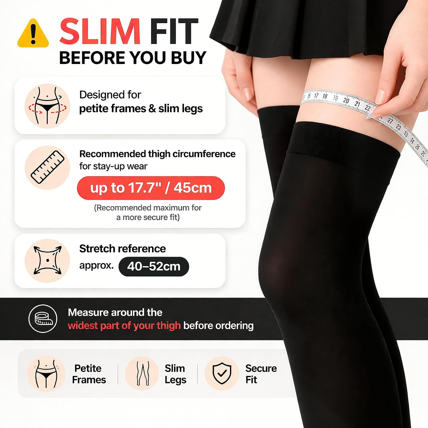 Women's Thigh High Socks, Stay-Up Silicone Grips, 80D Black | Opaque finish, over-the-knee length, designed for petite frames and slim legs
