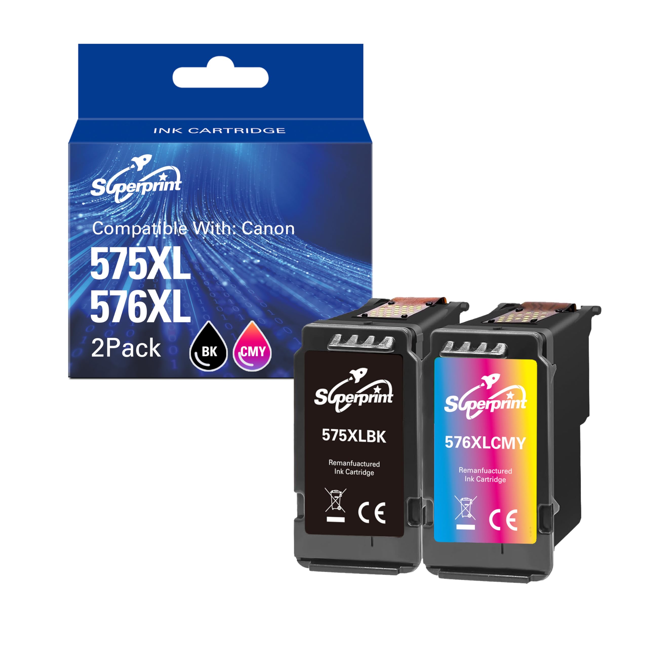 Cartouches d'encre PG-575XL CL-576XL (avec puce) compatibles avec Canon PG-575 CL-576 575 576 XL PIXMA TS3550i TS3551i TR4750i TR4751i (1 noir, 1 couleur)