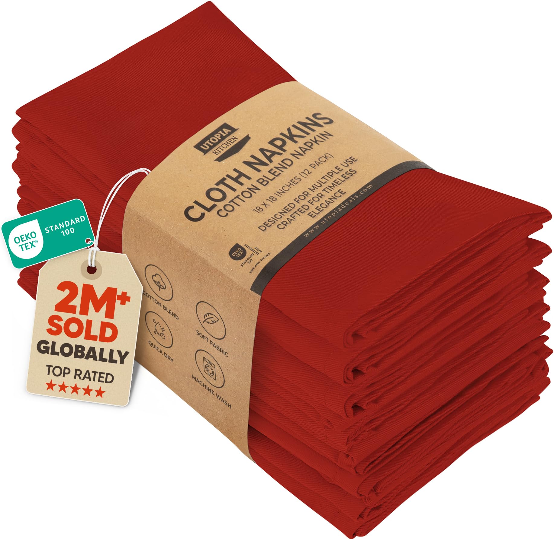 Utopia Kitchen Cloth Napkins [12 Pack] 46x46cm, Cotton Blend Washable and Reusable Table Dinner Napkins for Hotel, Lunch, Restaurant, Weddings, Event and Parties (Red)