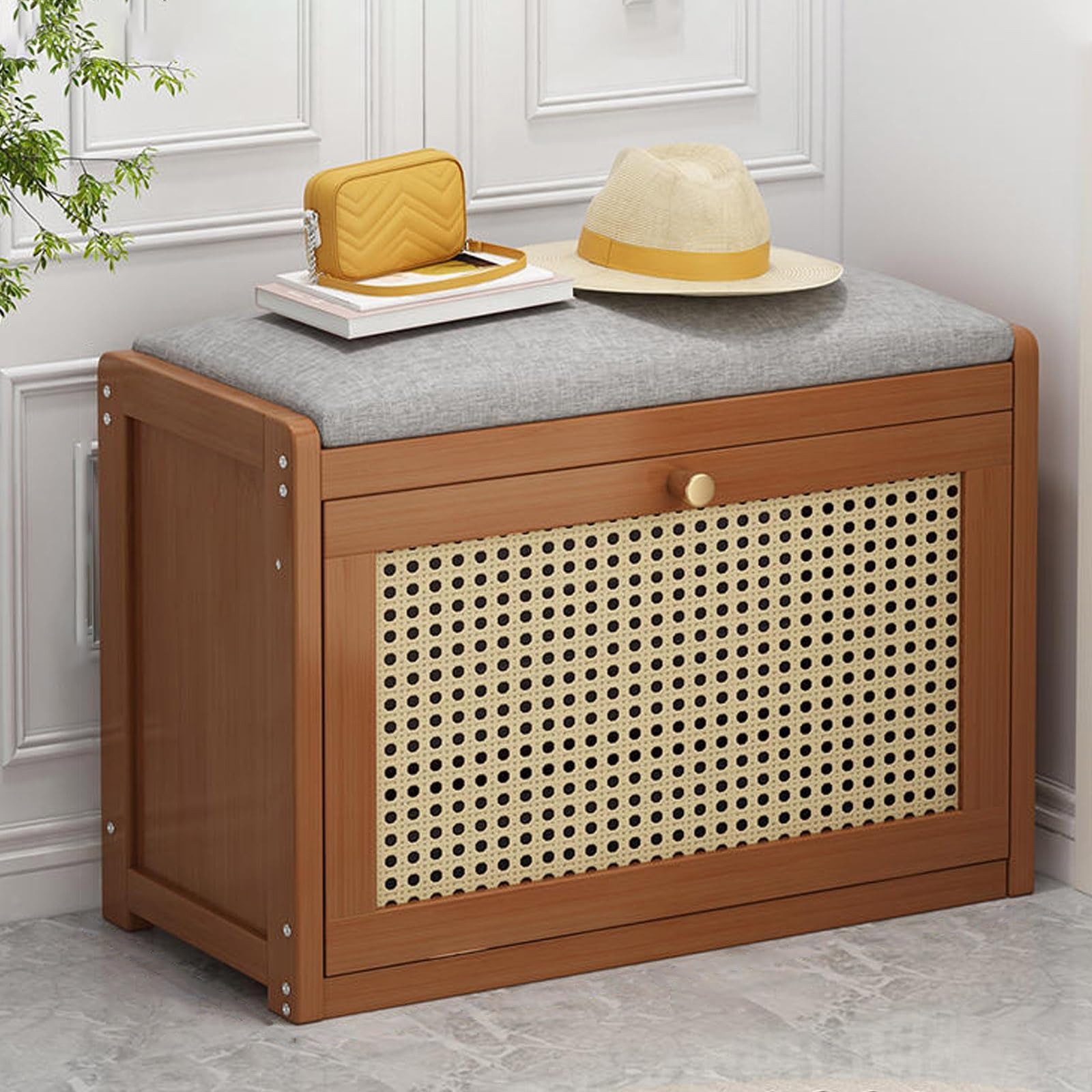 Banc à chaussures en bambou marron avec coussin et tiroirs 70cm