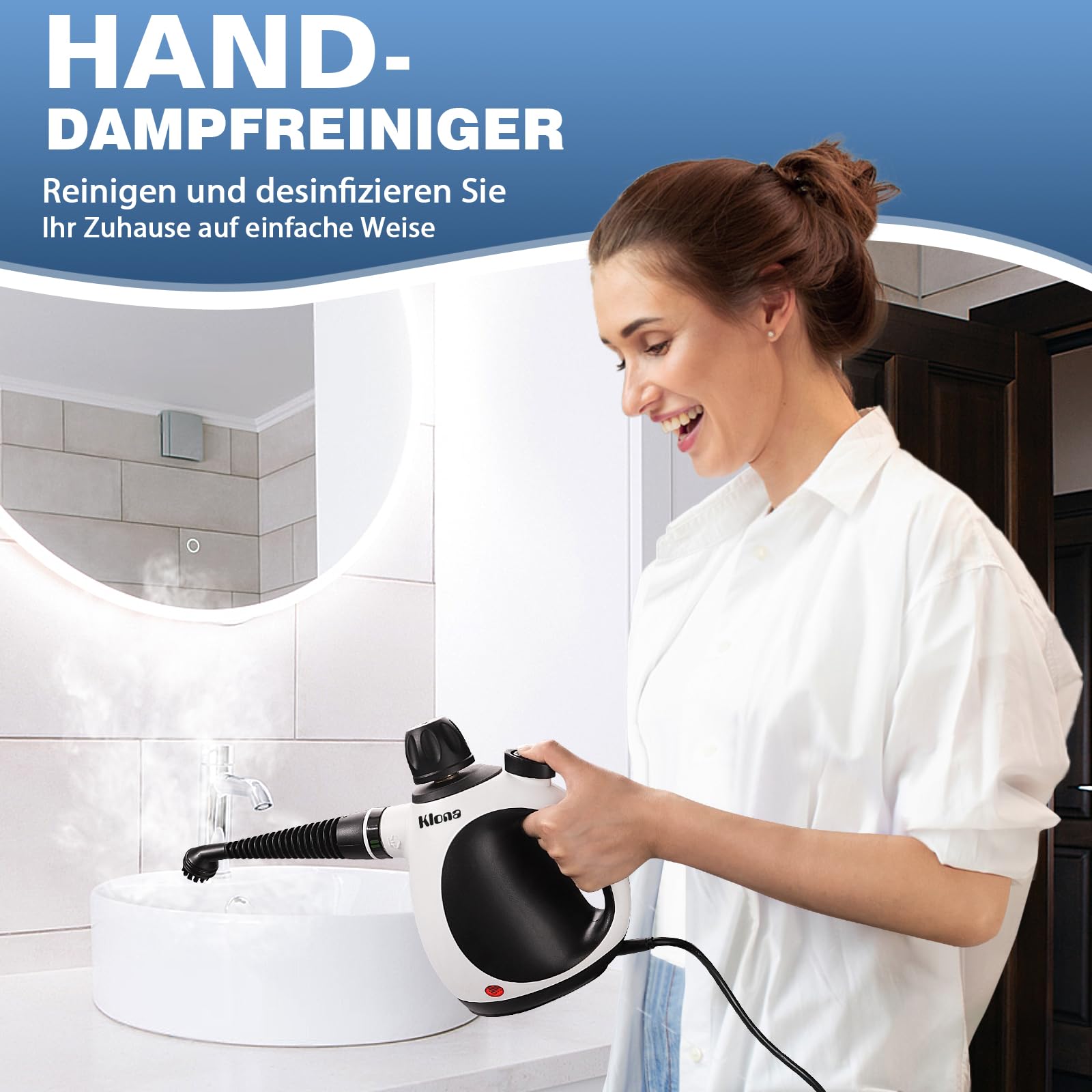 KLONA Dampfreiniger Handgerät, Steam Cleaner mit 10 Zubehör | 3 Min Schnellheizung | Tank: 350 ml | chemiefrei | Kindersicherung | Steam Cleaner | für Fliesen, Fenster, Polster, Bad