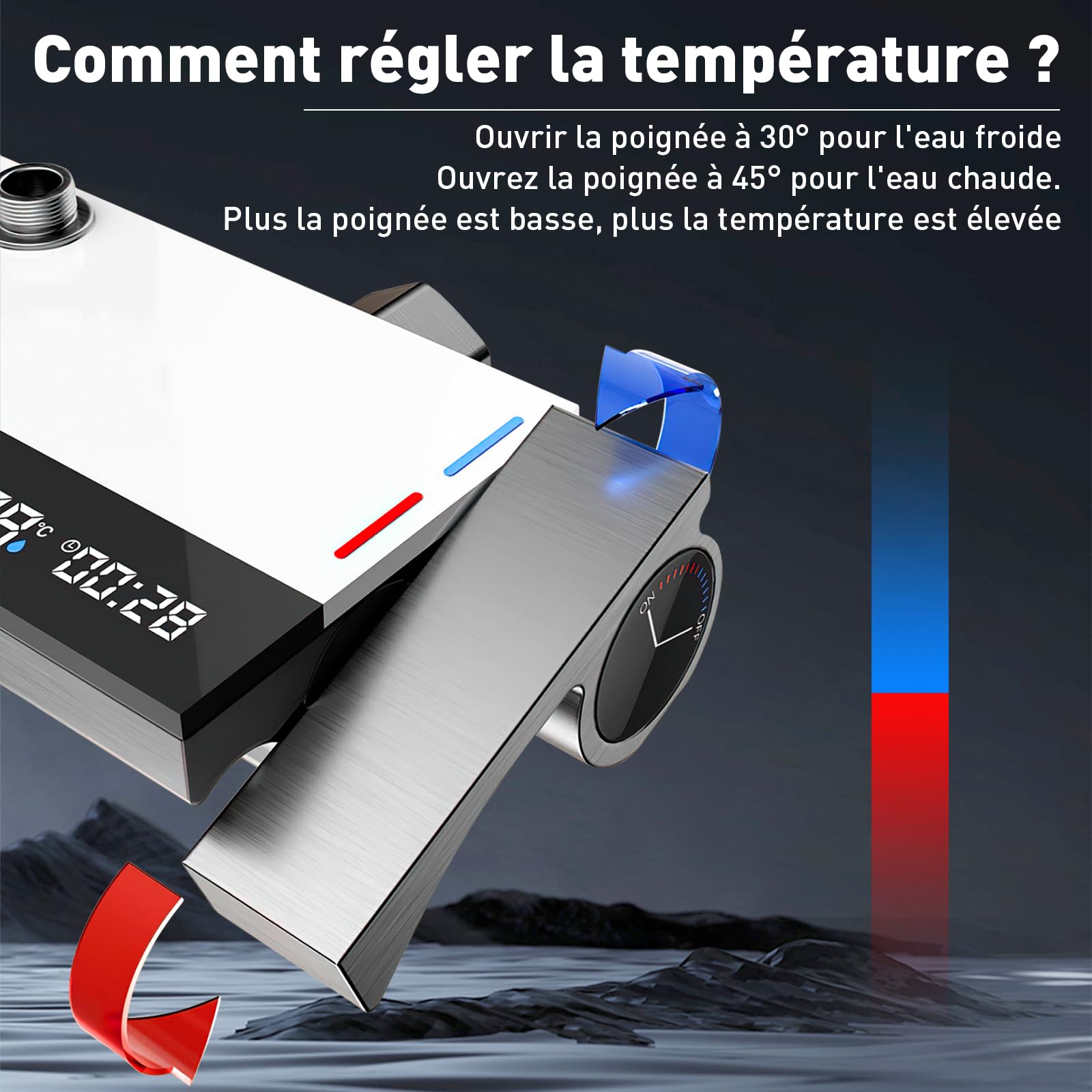 Colonne de Douche Thermostatique avec Affichage Numérique LED, Système de Douche à Effet Pluie avec Douchette à Main et Robinet en Cascade, Hauteur Réglable (Gris)