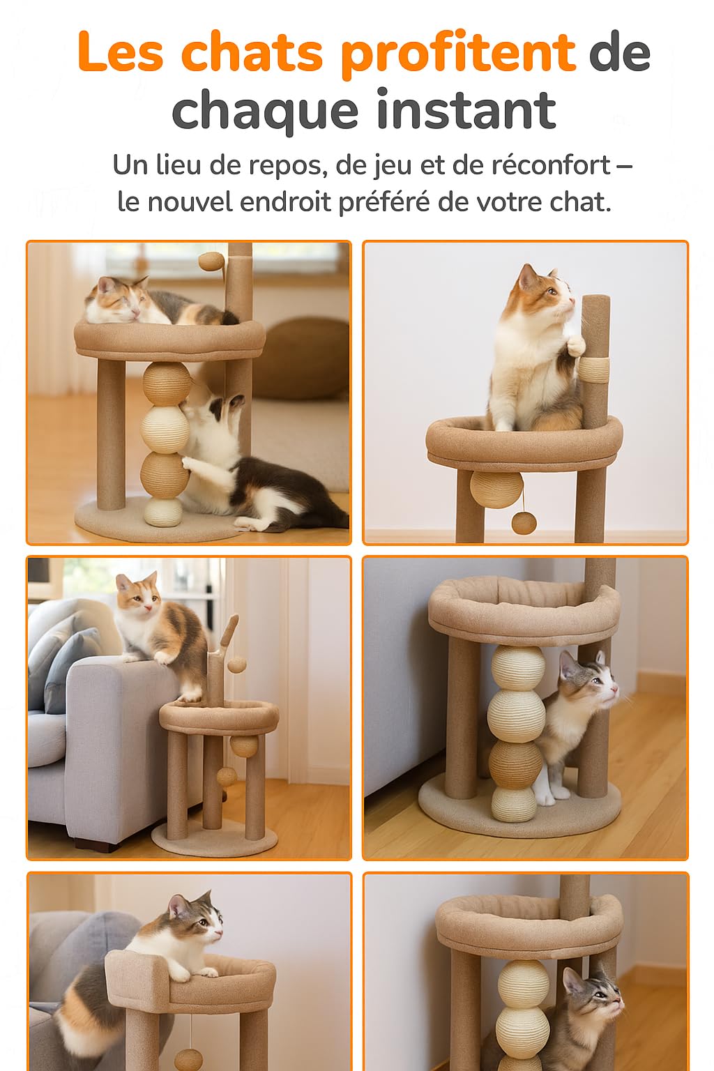 Tiragraffi per gatti beige – albero stabile con cuccia e piattaforme – tiragraffi moderno per gatti grandi e piccoli da interno