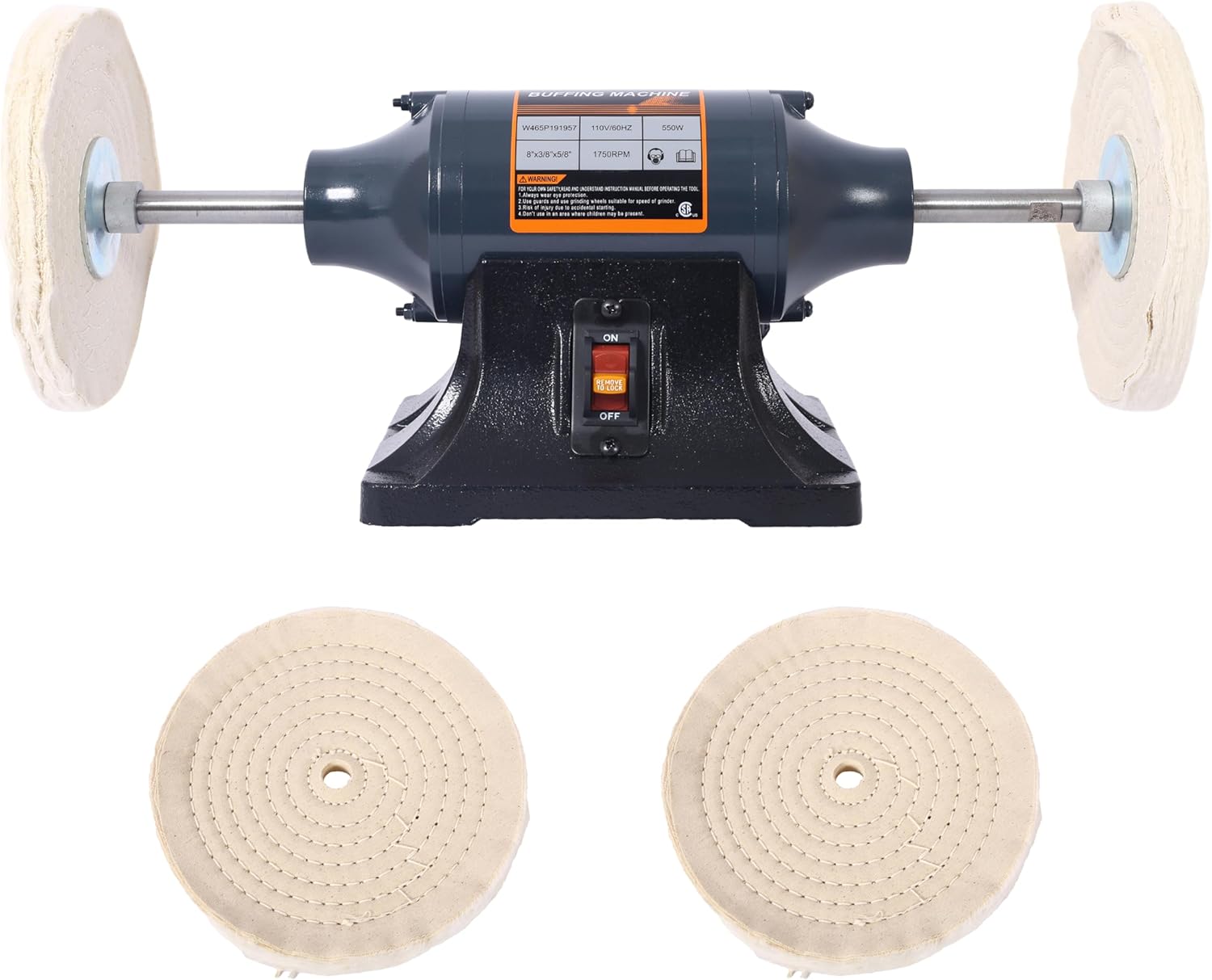 Bench Buffer Polisher Motor with 8 Inch Dual Buffering Wheels-4 Pole motor, Includes 4PCs 80Ply Thic Buffing Wheels for Buffing Metal, Jewelry, Wood, Jade, and Plastic Parts