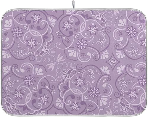 Tapete de secado de platos de diseño floral morado para encimera de cocina, tapete escurridor de platos, tapete para cocina, 16 x 18 pulgadas
