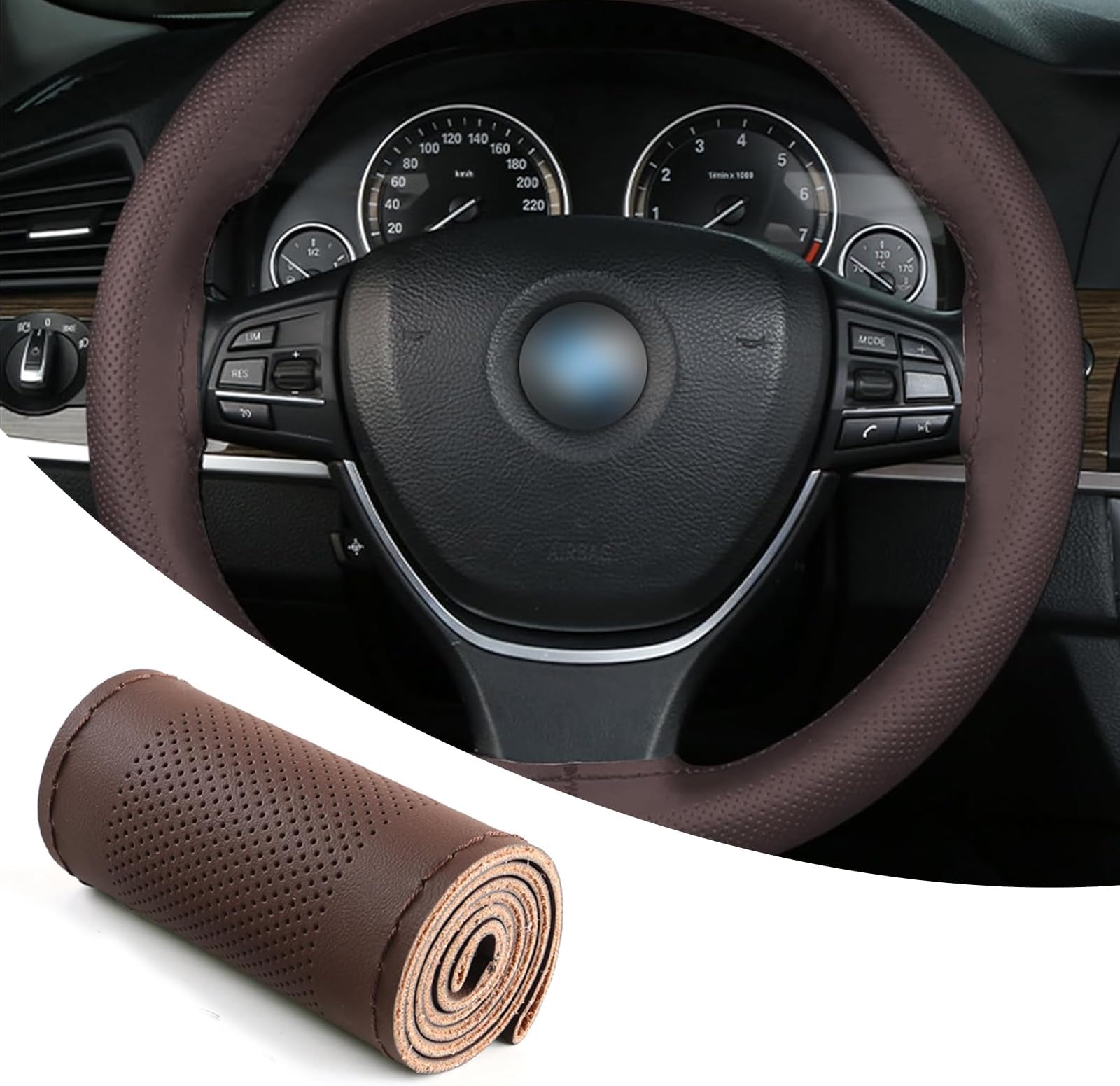 Pack-1 Breathable Steering Wheel Cover, 14.9In Leather Sewnable Waterproof Steering Wheel Cover, Steering Wheel Cover for Car Truck SUV (Coffee #1101)