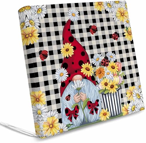 Miniatura 8 de Paquete de 2 fundas de cojín para silla, extraíbles, impermeables, con diseño de gnomos de mariquita, diseño de margaritas negras a cuadros para