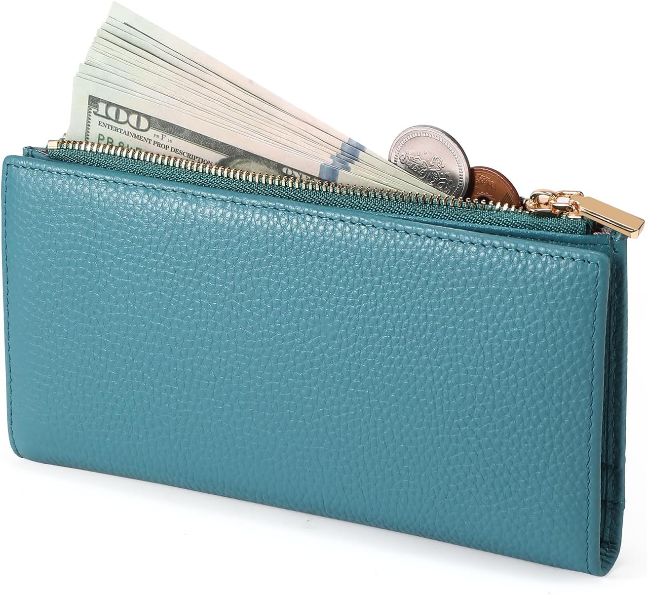 GOIACII Slim Wallet for Women Rfid Blocking Credit Card Holder with Zip Pocket Bifold Vegan Pebble Leather Blue - Image 9