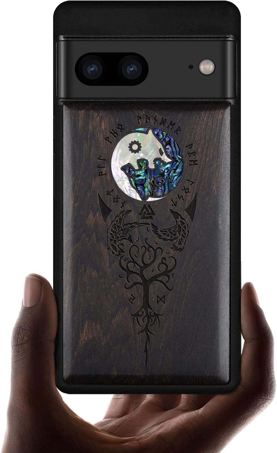 Carveit Designer Wooden Case for Google Pixel 7 Case Protective Cover [Wood Engraving & Shell Inlay] Unique Wood Cover Compatible with Wireless Chargers Pixel 7 (Yin Yang Wolf-Rosy)