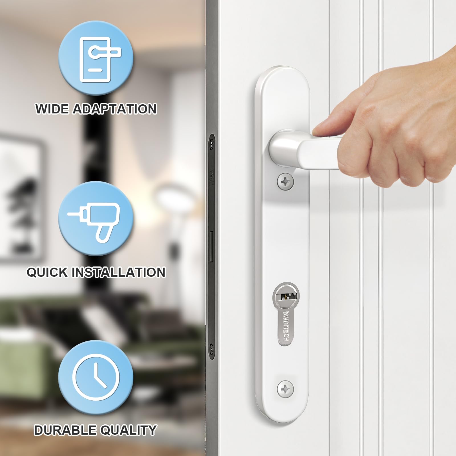 1 jeu de poignée de porte en aluminium UPVC blanc, 92 mm PZ (centres), plaque arrière 212 mm, vis à vis 122 mm, poignée de porte en PVC de remplacement blanche