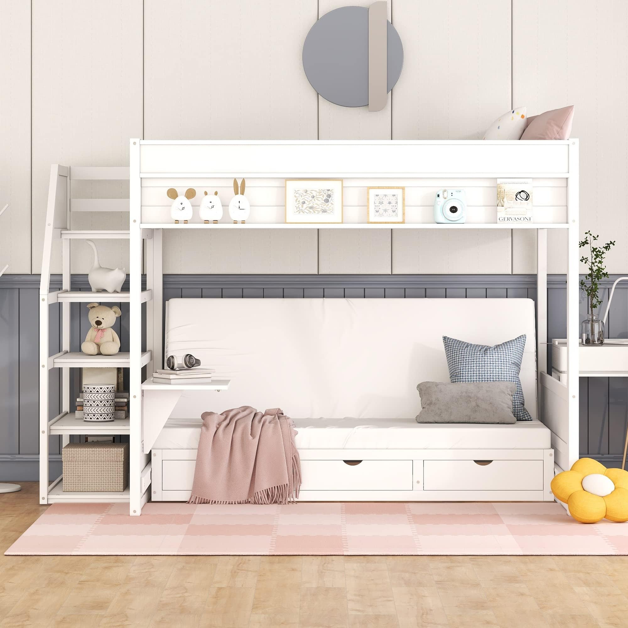 Multi-functional Full-Over-Full Bunk Bed with Storage Staircase and 3 Drawers, Solid Wood Bunk Bed Frame with Bedside Table for Kids Children Bedroom, Down Bed can be Convertible to Daybed (White-335)